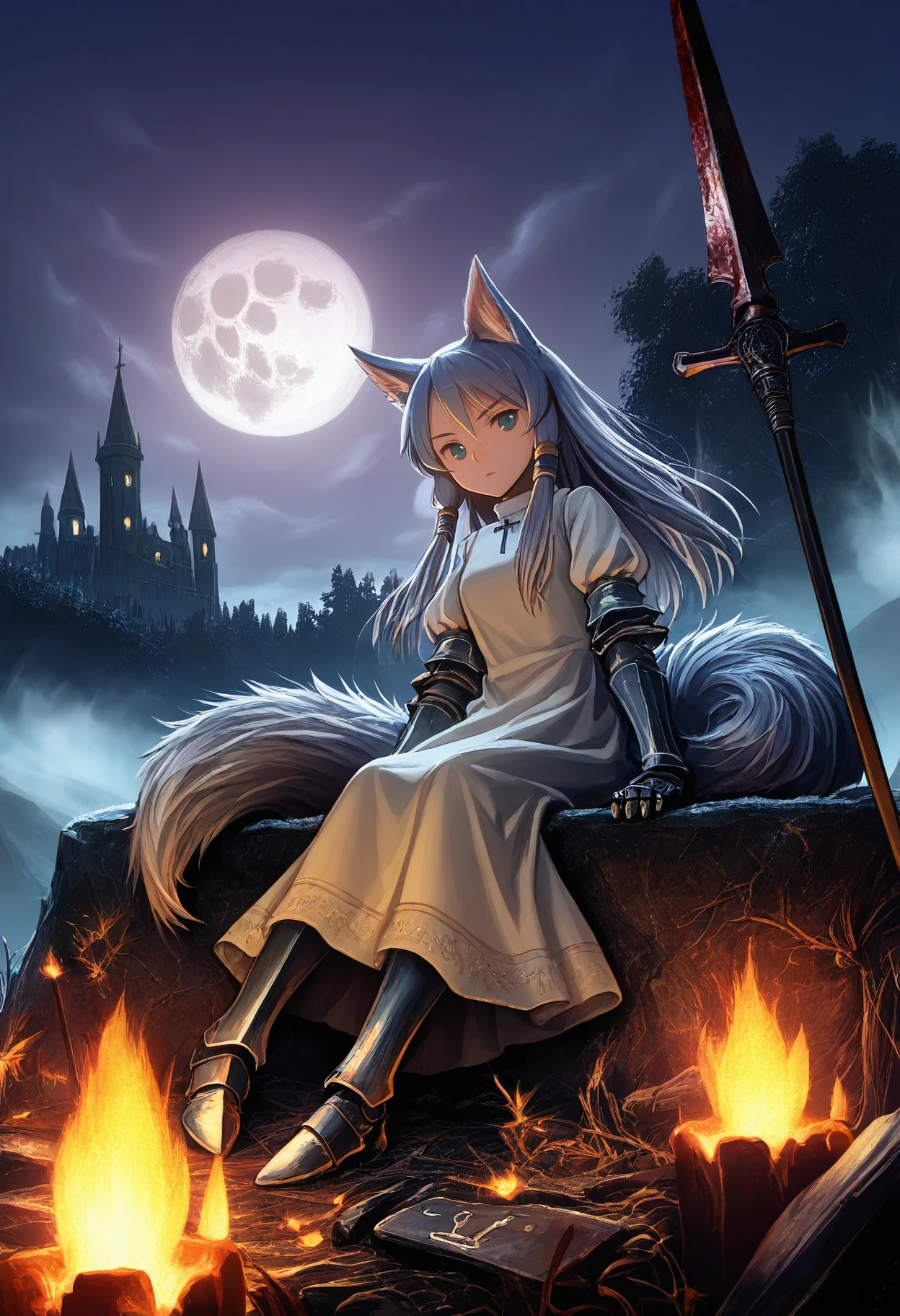 score_9, score_8_up, score_7_up,score_6_up, Dark-Souls, solo, 1girl, long-dress, white-dress, blue-hair, leggings, elbow-gloves, medium-breasts, hair-tubes, castle-town, skyline, armored-boots, gauntlets, leggings, long-hair, fog, misty-horizon, wolf-tail, wolf-ears, full-moon, windy, cemetery, cross-symbol, sitting-on-rock, planted-spear,