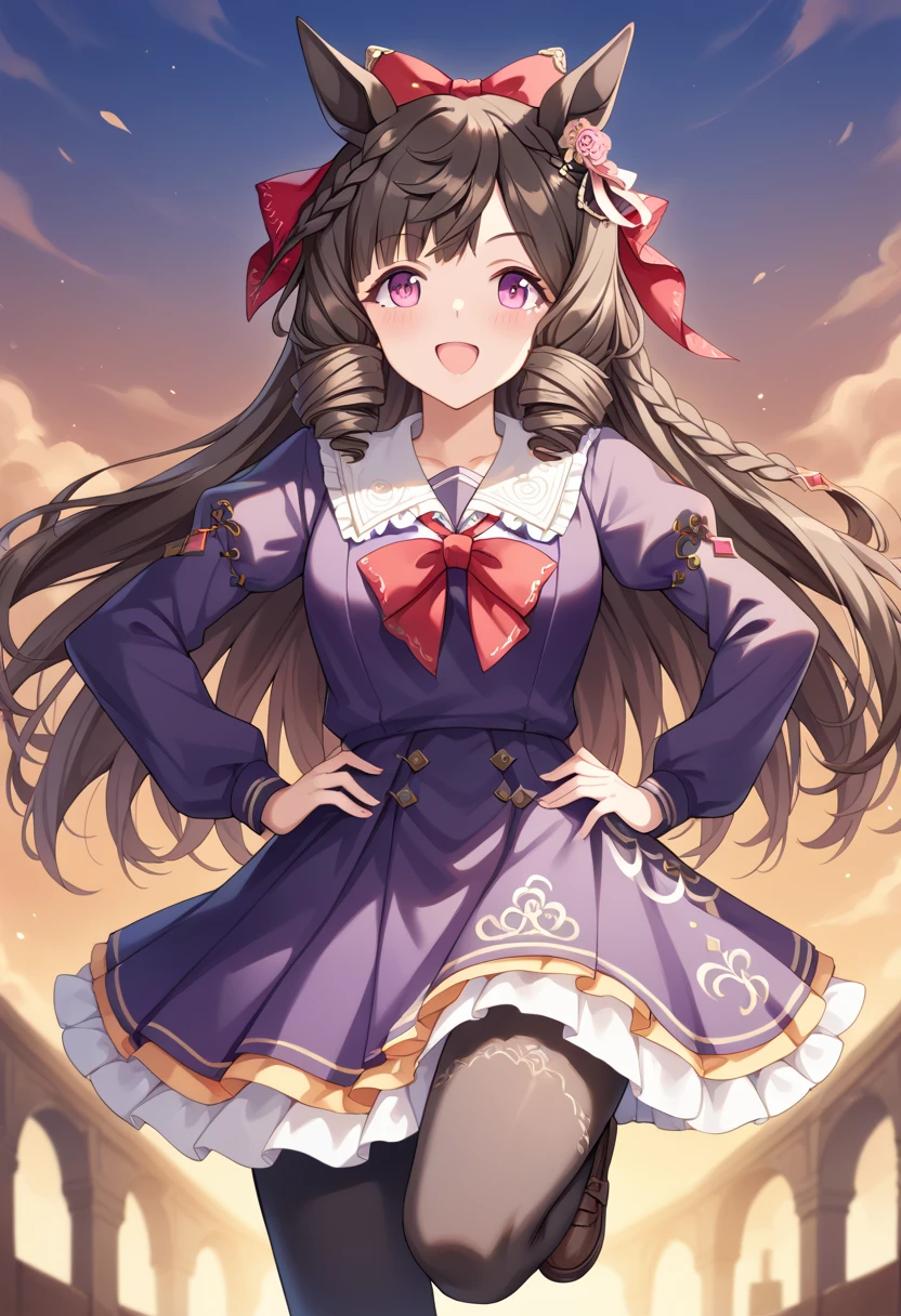 score_9, score_8_up, score_7_up, best quality, masterpiece, source_anime, zPDXL3, BREAK, <lora:daiichi_ruby_umamusume:1> ,daiichi_ruby_(umamusume), tracen_school_uniform,, close-up, Standing on one leg with hands on hips, open mouth, dazed, happy, happy aura, smile,, medieval, in a fortress, barracks ,,