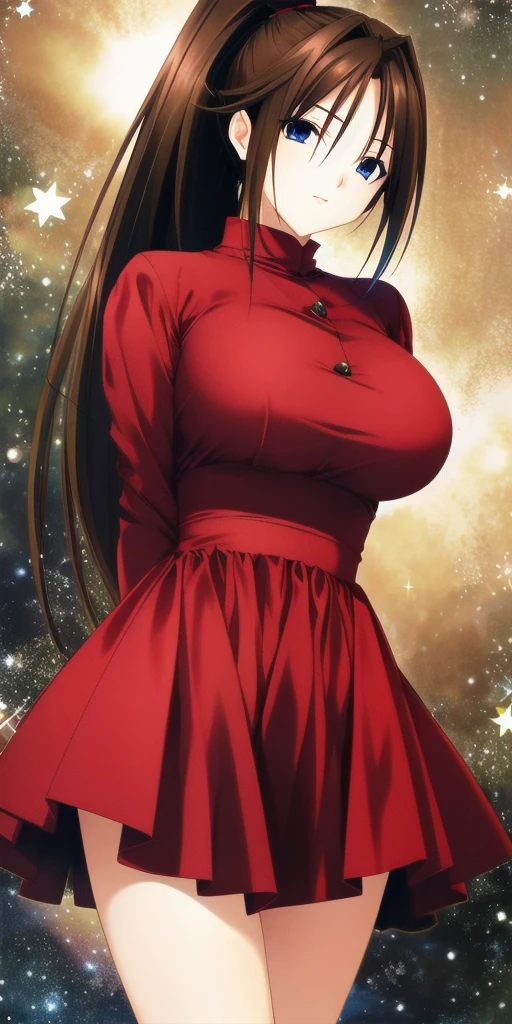 <lora:SatsukiV1:0.7> kitaooji_satsuki_high_ponytail, huge_breasts, standing, solo, arms_behind_back, starry_sky,  red_dress, masterpiece, best_quality, detailed_face, detailed_eyes, highres, beautiful, detailed, absurdres,