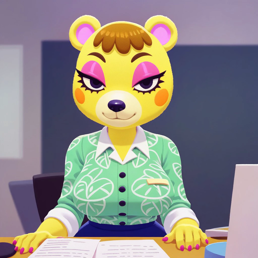 source_anime, score_9, score_8_up, score_7_up, <lora:Tammy:1>, furry female, anthro, bear, yellow fur, brown hair, makeup, eyeshadow, clothes, Tammy(animal crossing), solo,1girl, (wide hips, thick thights, natural breasts:1.0), looking at viewe, office, smile, closed mouth