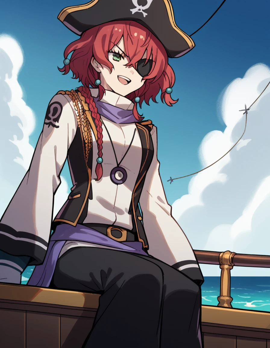 score_9, score_8_up, score_7_up, source_anime, <lora:takiko-souma-s1-ponyxl-lora-nochekaiser:1>, takiko souma, short hair, green eyes, braid, red hair, medium breasts, hair ornament,, <lora:pirate-costume-ponyxl-lora-nochekaiser:1>, pirate costume, pirate hat, skirt, gloves, jacket, shirt, eyepatch,, blue sky, sea, ocean, pirate ship, treasure, gold, smug, open mouth, from below, sitting,, , dutch angle, cowboy shot