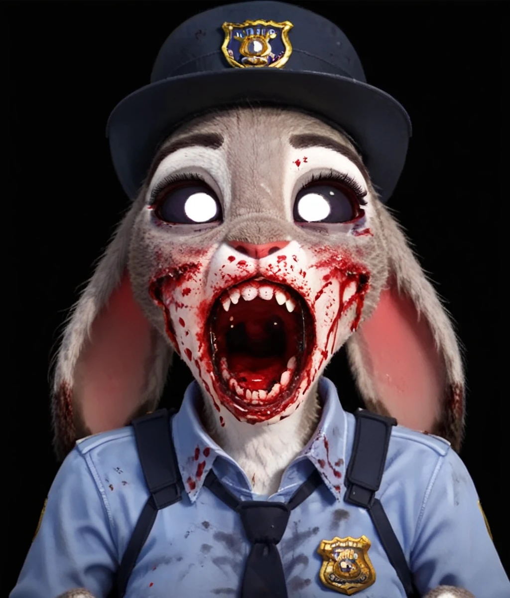 Score_9,score_8_up,score_7_up,solo,big breasts,curvy,screaming,bunny,fluffy,black_sclera,looking at viewer,furry female,judy hopps,hollow eyes,hollow_mouth,police uniform,police hat,blood stain,no_humans,dreepy,horror,black theme,black background,<lora:Role_Judy_Hopps_v2:0.6>,<lora:Horror_Digital_Horror:0.8>,<lora:Style_Expressive_H_v1:0.8>,