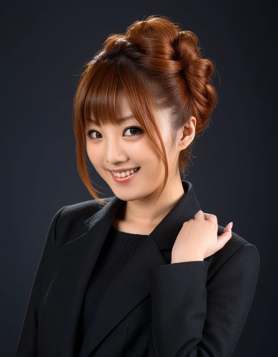 <lora:Tsubasa_Amami:0.9>tsubasa amami,
1girl, solo, 
realistic, navel, red hair,
lips, chignon updo hair, wearing a dark jacket,
smile,teeth, open mouth, dark background, open mouth