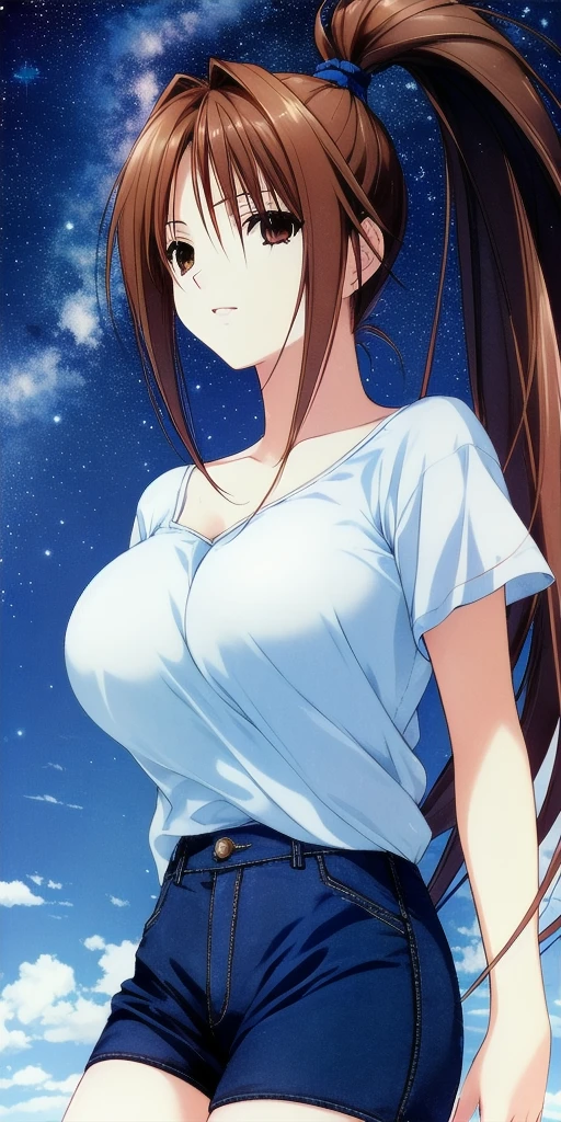 <lora:SatsukiV1:0.7> kitaooji_satsuki_high_ponytail, huge_breasts, standing, solo, arms_behind_back, starry_sky,, masterpiece, best_quality, detailed_face, detailed_eyes, highres, beautiful, detailed, absurdres,