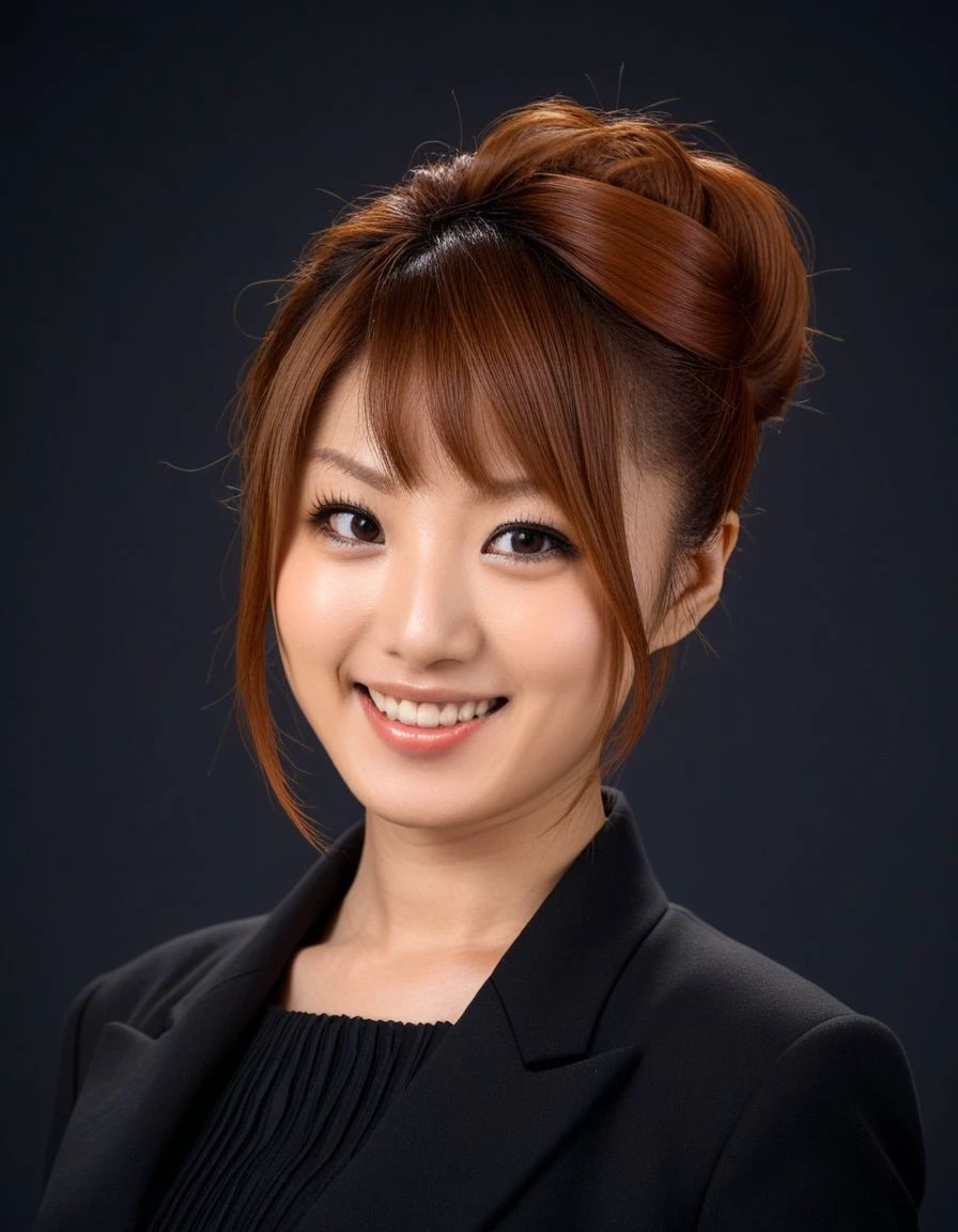 <lora:Tsubasa_Amami:0.9>tsubasa amami,
1girl, solo, 
realistic, navel, red hair,
lips, chignon updo hair, wearing a dark jacket,
smile,teeth, open mouth, dark background,