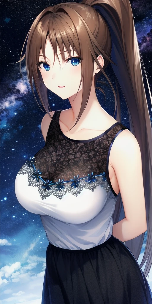 <lora:SatsukiV3:0.7> kitaooji_satsuki_high_ponytail, huge_breasts, standing, solo, arms_behind_back, starry_sky, black_dress,, masterpiece, best_quality, detailed_face, detailed_eyes, highres, beautiful, detailed, absurdres,