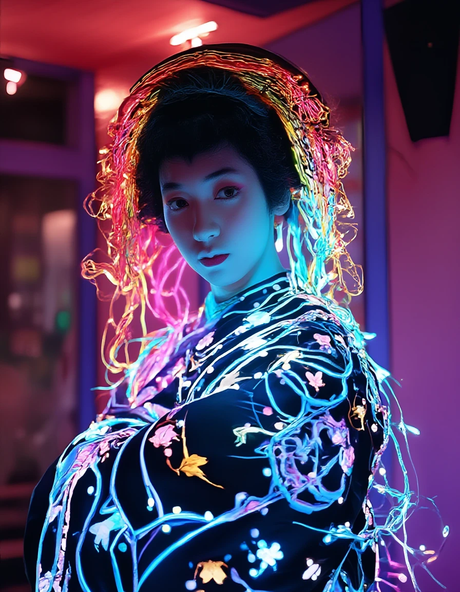 Onnagata, solo, japanese clothes, kimono, pale skin, A captivating cyberpunk portrait of a woman with luminous, multicolored hair composed of vibrant neon filaments. Her face is illuminated by contrasting cyan and orange lights, highlighting piercing eyes and parted lips. She's surrounded by an intricate web of glowing, fiber-optic-like strands in electric blues, pinks, and yellows. Her silhouette is defined by these radiant threads, creating a ethereal, translucent effect. The background features subtle, out-of-focus neon signs and reflective surfaces, suggesting a futuristic cityscape without overshadowing the subject. Sharp contrasts between light and shadow enhance the dramatic, otherworldly atmosphere <lora:FLUX_Onnagata_V1-4329:0.9>, portrait, city