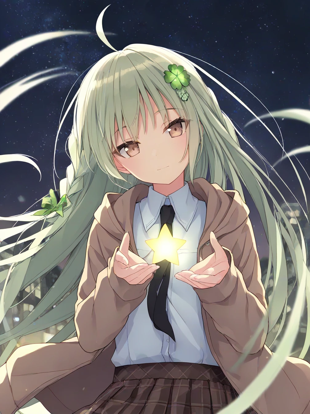 1girl,solo,very long hair,green hair,ahoge,bangs,hair ornament,four-leaf clover hair ornament,shirt,braid,brown eyes,long sleeves,jacket,white shirt,bow,dress shirt,open clothes,sleeves past wrists,necktie,collared shirt,hood,open jacket,black necktie,hooded jacket,brown jacket,hood down,plaid skirt,pleated skirt,skirt,brown skirt,plaid,
light smile,looking at viewer,closed mouth,holding star,head tilt,reaching out,
outdoors,night,sky,starry sky,night sky,star \(sky\),glowing,wind,wind lift,
front view,upper body,close up,
<lora:ill-xl-01-rurudo_2-000032:1>,