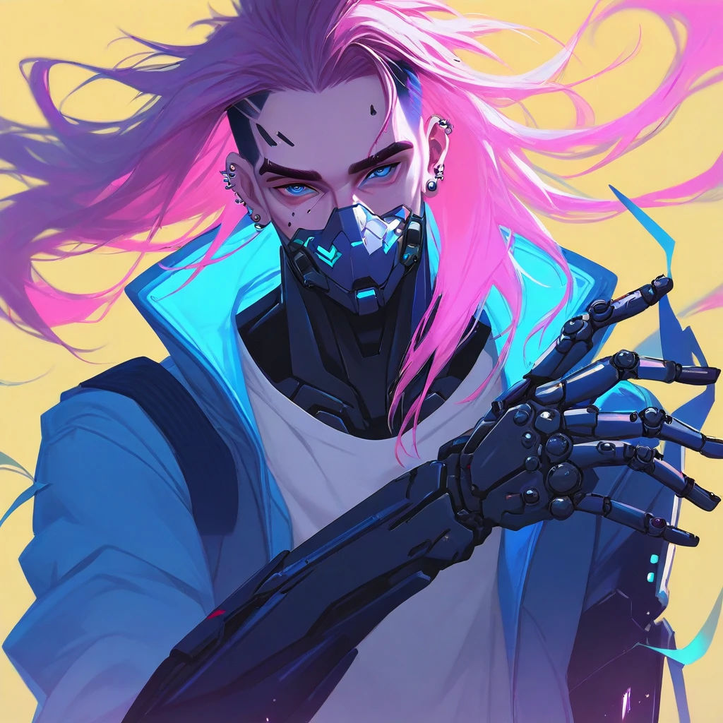 c4ndy, solo, cyberpunk, blue eyes, mask, jacket, pink hair, yellow background, piercing, mechanical arms, blue jacket, male focus, looking at viewer, long hair, 1boy, cyborg, upper body, eyebrow cut, ear piercing, floating hair, single mechanical arm, illustrative, masterpiece, best quality