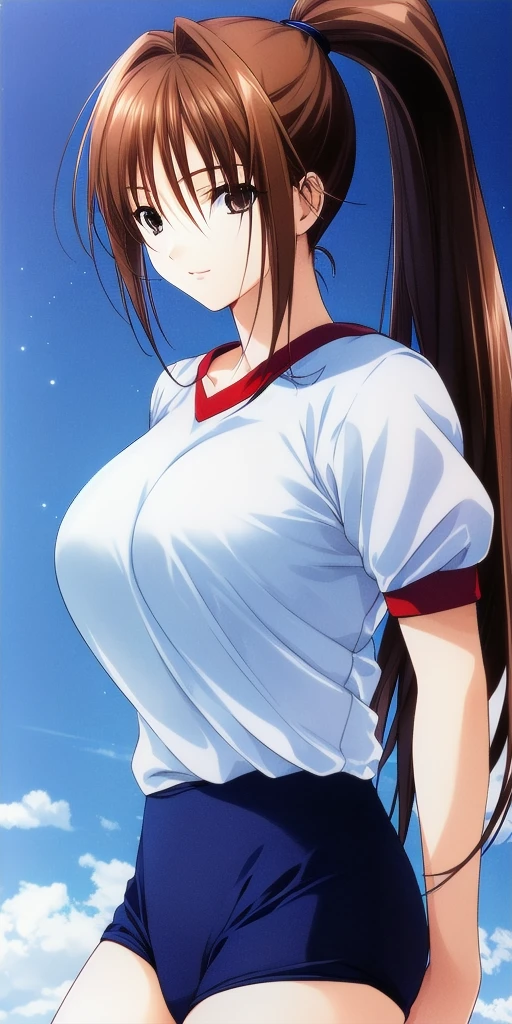 <lora:SatsukiV2:0.7> kitaooji_satsuki_high_ponytail, huge_breasts, standing, solo, arms_behind_back, starry_sky, gym_uniform,, masterpiece, best_quality, detailed_face, detailed_eyes, highres, beautiful, detailed, absurdres,