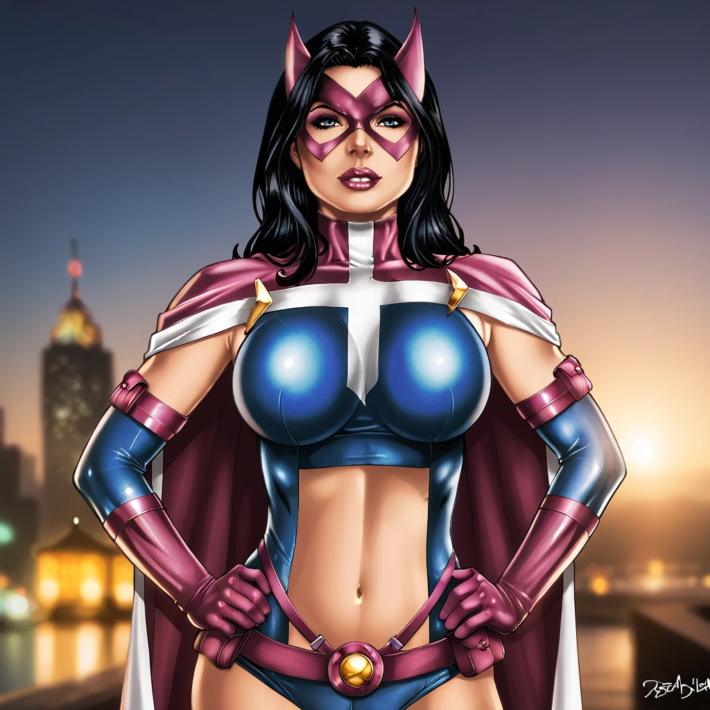 <lora:diabolu_pony_v1:.9> score_9, diabolu_style, diabolu, source_artwork,, hands on hips <lora:huntress_pony_v1:0.7> huntressdccomics, 1girl, solo, black hair, superhero, large breasts, mask, utility belt, cape, long hair, elbow gloves, navel, midriff, blue eyes, purple gloves, lips, lipstick, makeup, belt pouch, crop top, leotard, giant breasts