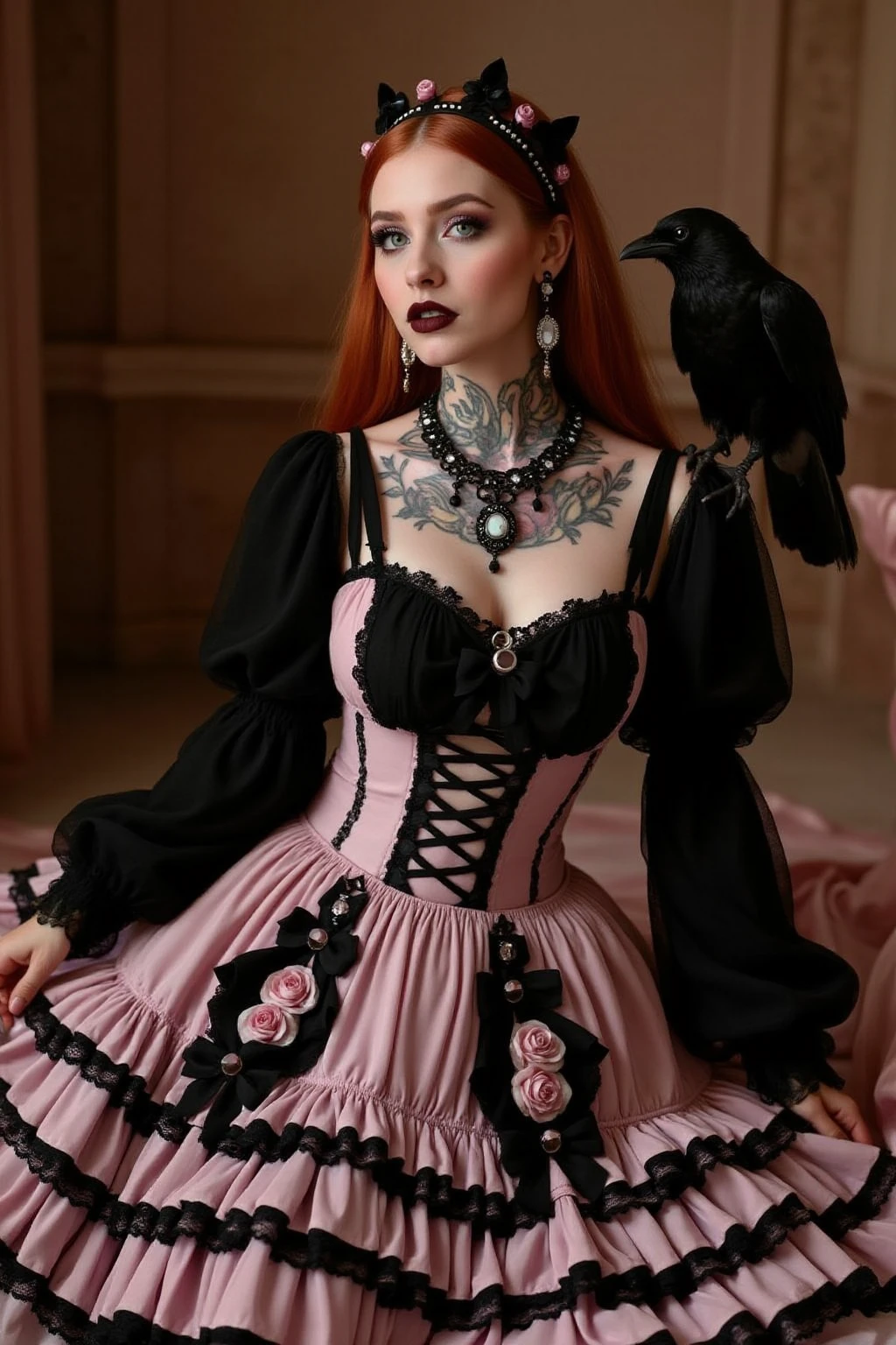 wearing pink goth dress, green eyed ginger Ottoman witch Roxana Katenka, pale skin,neck and shoulders are covered with tattoos with floral patterns and tentacles pattern,dark eyeshadow, , large breast, with long red hair parted in the centre, a jewelled circlet, earrings, necklaces, jewellery, wearing black lace and and satin robes with a clothing cutout, pierced navel, kneeling inside a dimly lit ornate eastern palace a raven, on her shoulder.