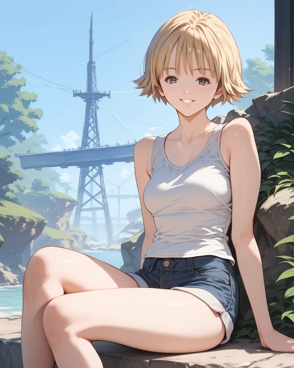 score_9, score_8_up, score_7_up, score_6_up, score_5_up, score_4_up, source_anime, screenshots, <lora:is_pony_v1_uo-000020:1> blonde hair, short hair, tank top, denim shorts, sitting, smile, parted lips,