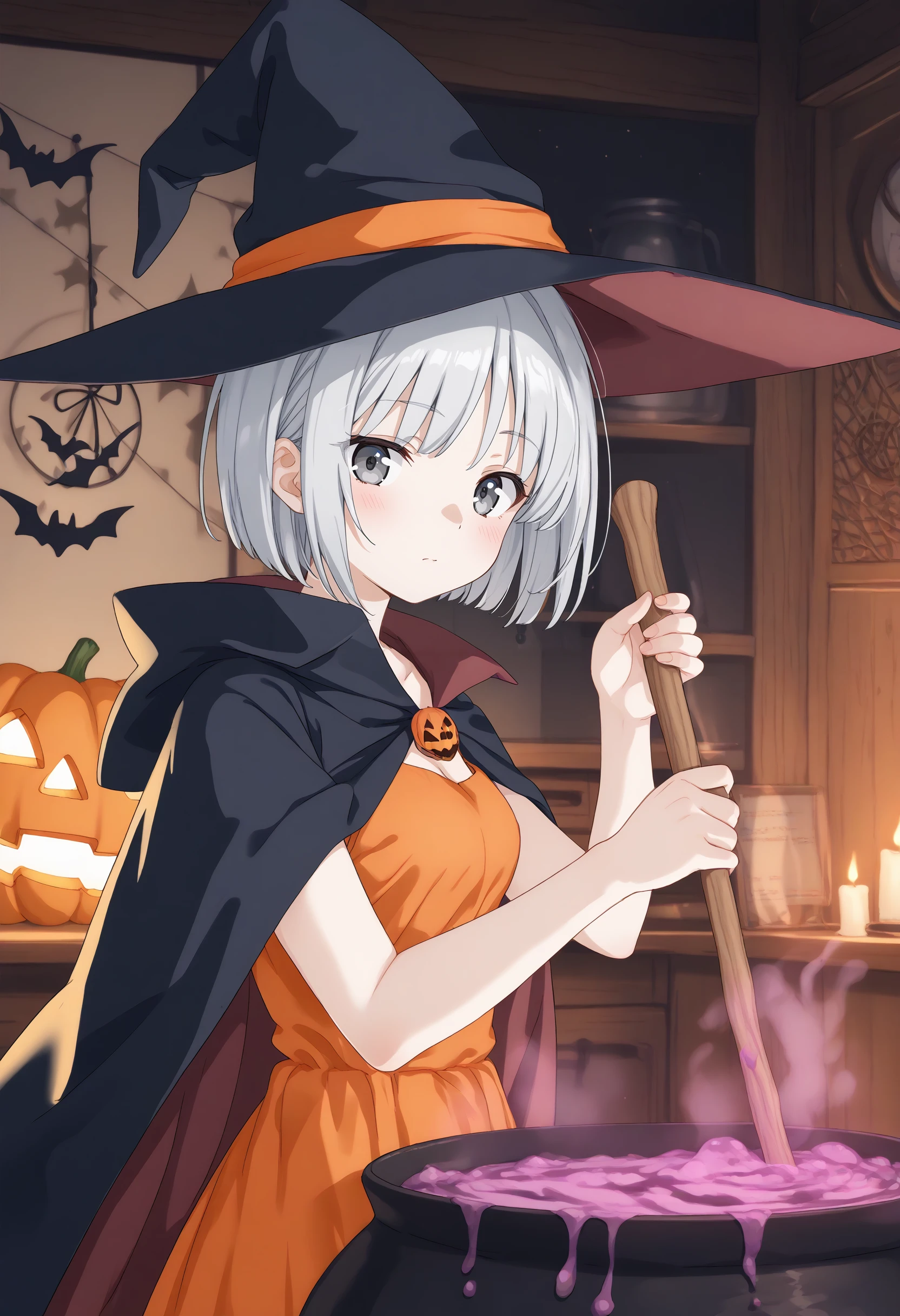 (masterpiece:0.7), (best quality:1.1),
(by sincos:0.5),(by ningen mame:0.5),(by toosaka asagi:0.5),
1girl,solo,medium breasts,
stirring, cauldron, holding, witch hat, standing, witch, indoors, fire, staff , halloween ,jack-o'-lantern,halloween costume, cape,night, <lora:stirring_Pony_v1:0.8>
from side, portrait, looking at viewer, silver hair, gray eyes,doyagao, oceans, closed mouth, bowl cut hair,