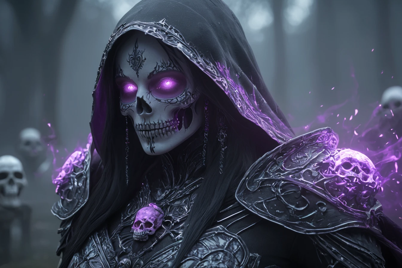 A cinematic shot of a beautiful and evil black hooded female necromancer, beautiful face features and black long hair, wearing skull armor, summoning purple glowing skeletons around her, glowing skulls, magical effects, cemetary in background, hkdeath. Rendered in the style of Unreal Engine, with a cinematic, hyper-realistic style.