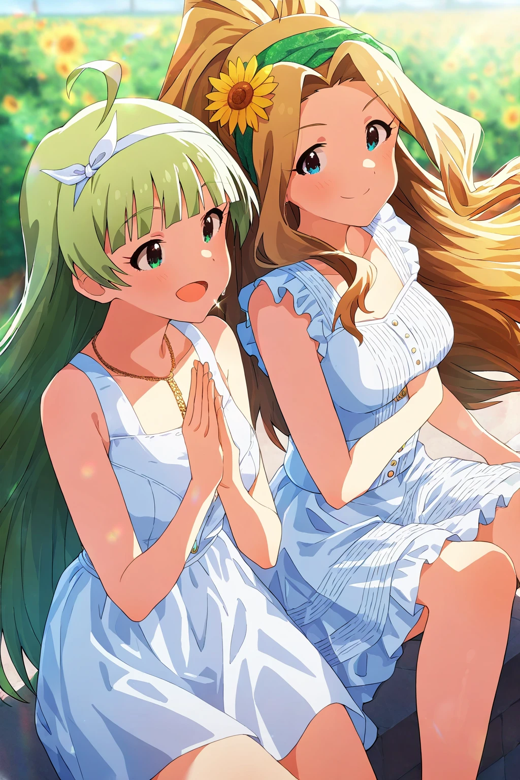 2girls, nikaidou chizuru, shimabara elena, (idolmaster million live! theater days:0.9) , general,
best quality, amazing , very aesthetic, absurdres,
medium breasts , day,  smile, green hairband, white sundress, sun flower
<lora:nikaidou_chizuru_IllustriousXL:0.9>