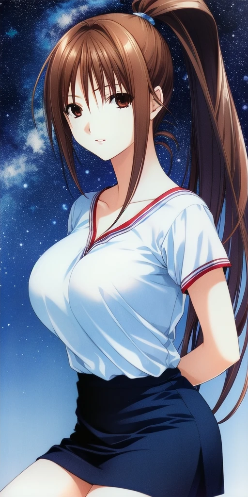 <lora:SatsukiV2:0.7> kitaooji_satsuki_high_ponytail, huge_breasts, standing, solo, arms_behind_back, starry_sky, pencil_skirt,, masterpiece, best_quality, detailed_face, detailed_eyes, highres, beautiful, detailed, absurdres,