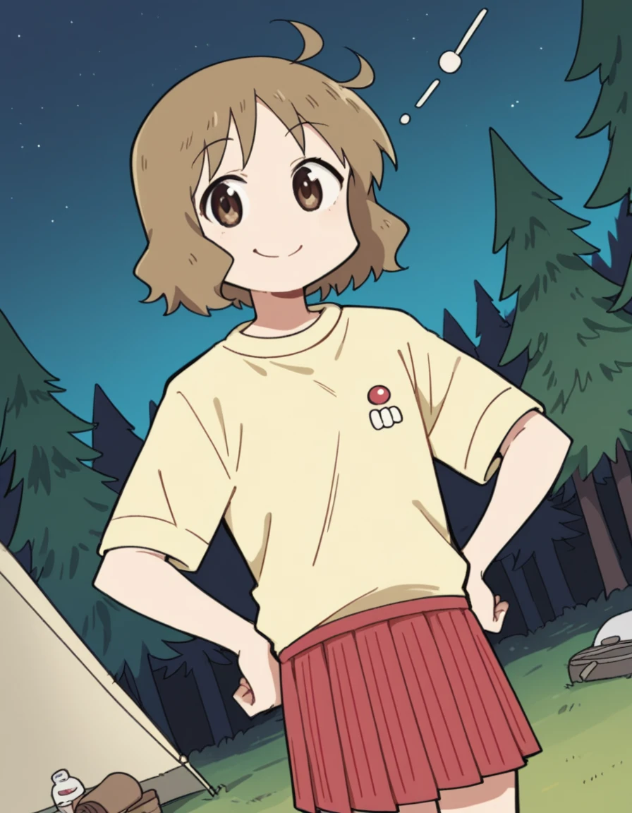 score_9, score_8_up, score_7_up, source_anime, <lora:izumi-sakurai-s1-ponyxl-lora-nochekaiser:1>, izumi sakurai, short hair, brown hair, brown eyes, ahoge,, skirt, yellow shirt, pleated skirt, red skirt,, camping, bonfire, tent, stargazing, marshmallows, forest clearing, night, smile, smug, hand on hips,, looking at viewer, solo,, dutch angle, cowboy shot