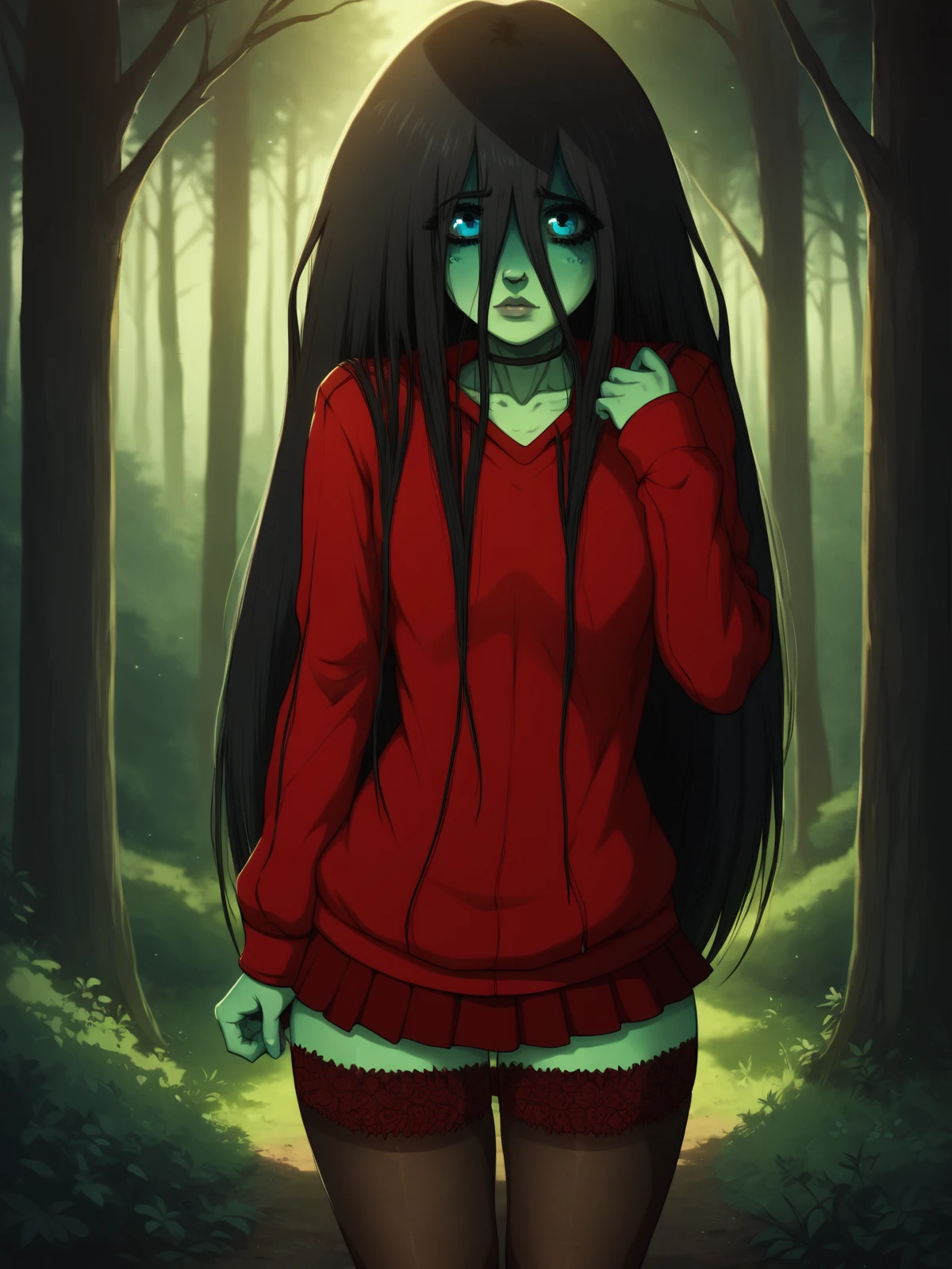 core_9, score_8, score_7,1girl, black hair, forest, lips, curvy legs, looking at viewer, nature, nose, outdoors, realistic, shirt, solo, tree, samarawaifu, skirt, green skin, very long hair, thighhighs,  horror \(theme\), blue eyes, red hoodie,<lora:add-detail-xl:1>,  <lora:HandFixer_pdxl_Incrs_v1:0.5>,  <lora:Samara_character:1>