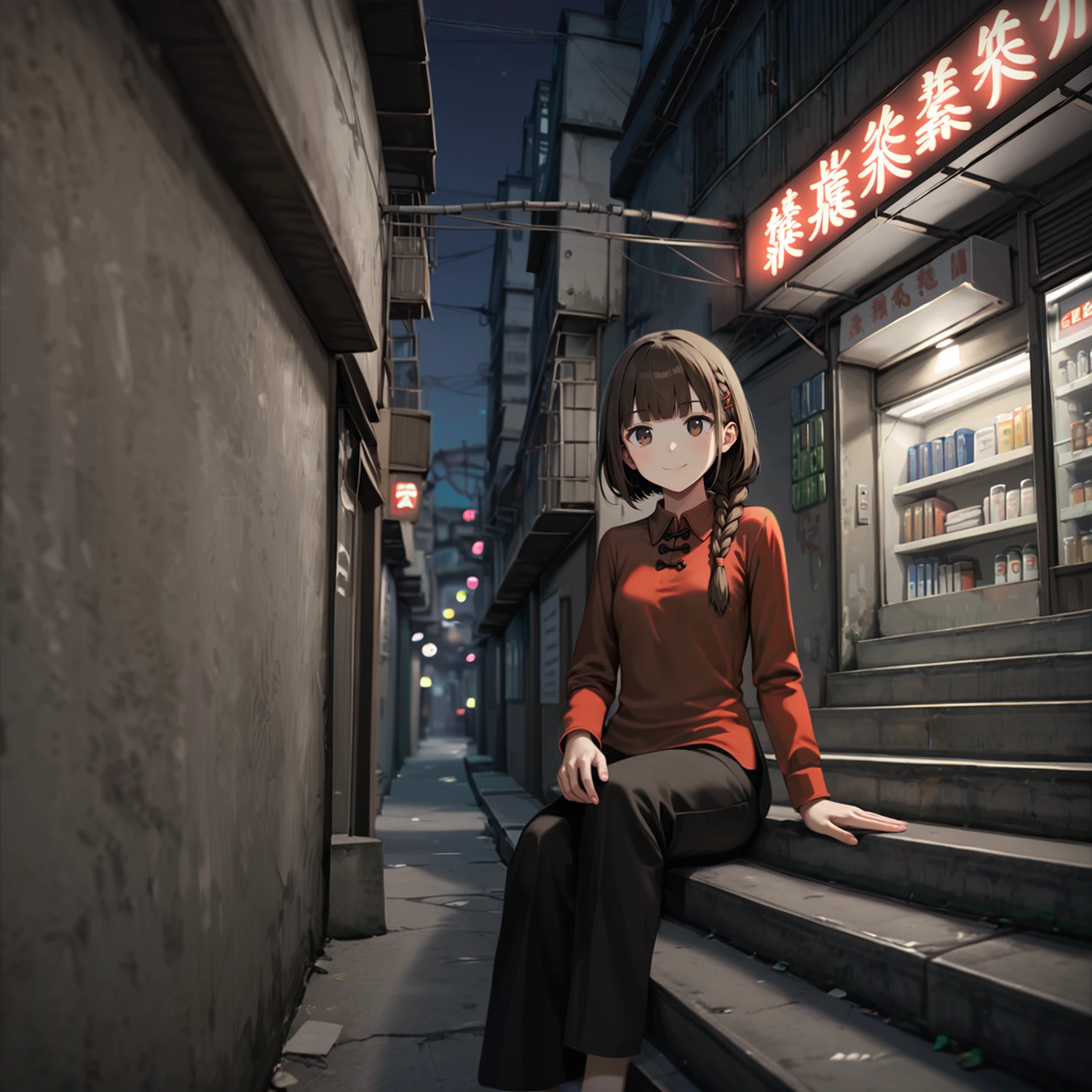 1girl,brown hair,short hair,long single braid,(brown eyes:1.1),(red chinese shirt,black chinese pantaloons,long pants:1.2),long sleeves,[black chinese shoes:0.2], light smile,blunt bangs,sidelocks,small breasts,close-up,contrapposto, 
dark alley, utility pole, (night:1.5), shadow, concrete, (balcony:1.2), kowloon city, (Condenser unit:1.1), (neon, bokeh:1.2), sitting on stairs, blurry background,perspective, outdoors, (puddle:0.1), reflection, cray road, bookstore storefront, showwindow, (colorful:1.3) sign
<lora:Fixhands_anime_bdsqlsz_V1:1> <lora:Kowloon_City-Pony:0:0.7>,
[realistic,3d::0.1]
score_9, score_8_up, score_7_up,score_6_up, best quality, hires,