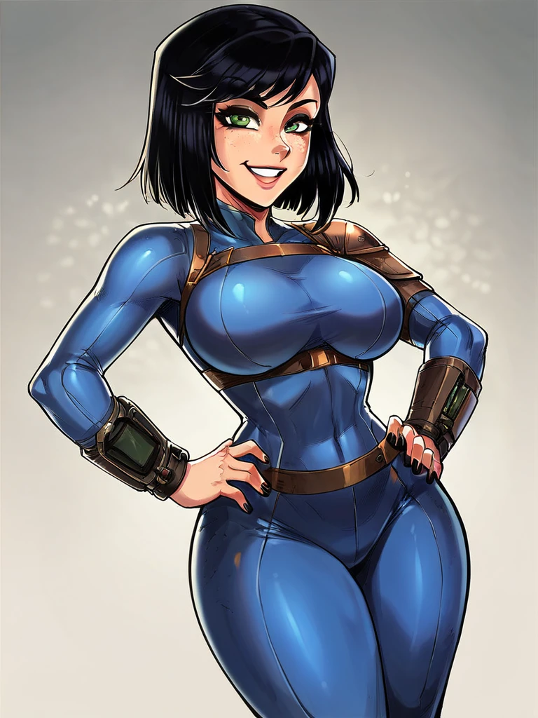 score_9, score_8_up, score_7_up, 
1girl, vault meat, black hair, green eyes, eyeliner, eyeshadow, medium hair, swept bangs, large breasts,

blue bodysuit, standing, hands on hips, black nails, smile, white background, looking at viewer,
vault suit, harness, pip boy, fallout,