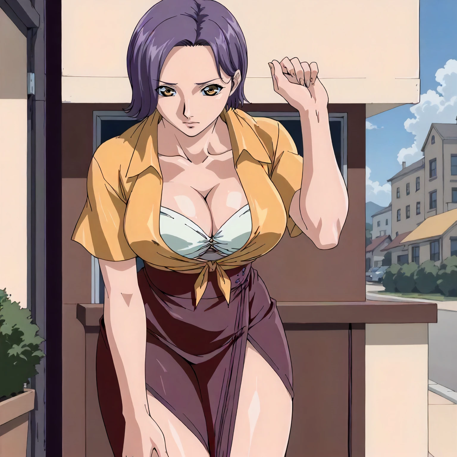 <lora:GSE_HanaeXLpony001>,
outdoors,
solo,
Hanae,1girl,mature female,purple hair,short hair,yellow eyes,
large breasts,
tied_shirt,yellow shirt,bra peek,
high-waist_skirt,
standing,leaning_forward,