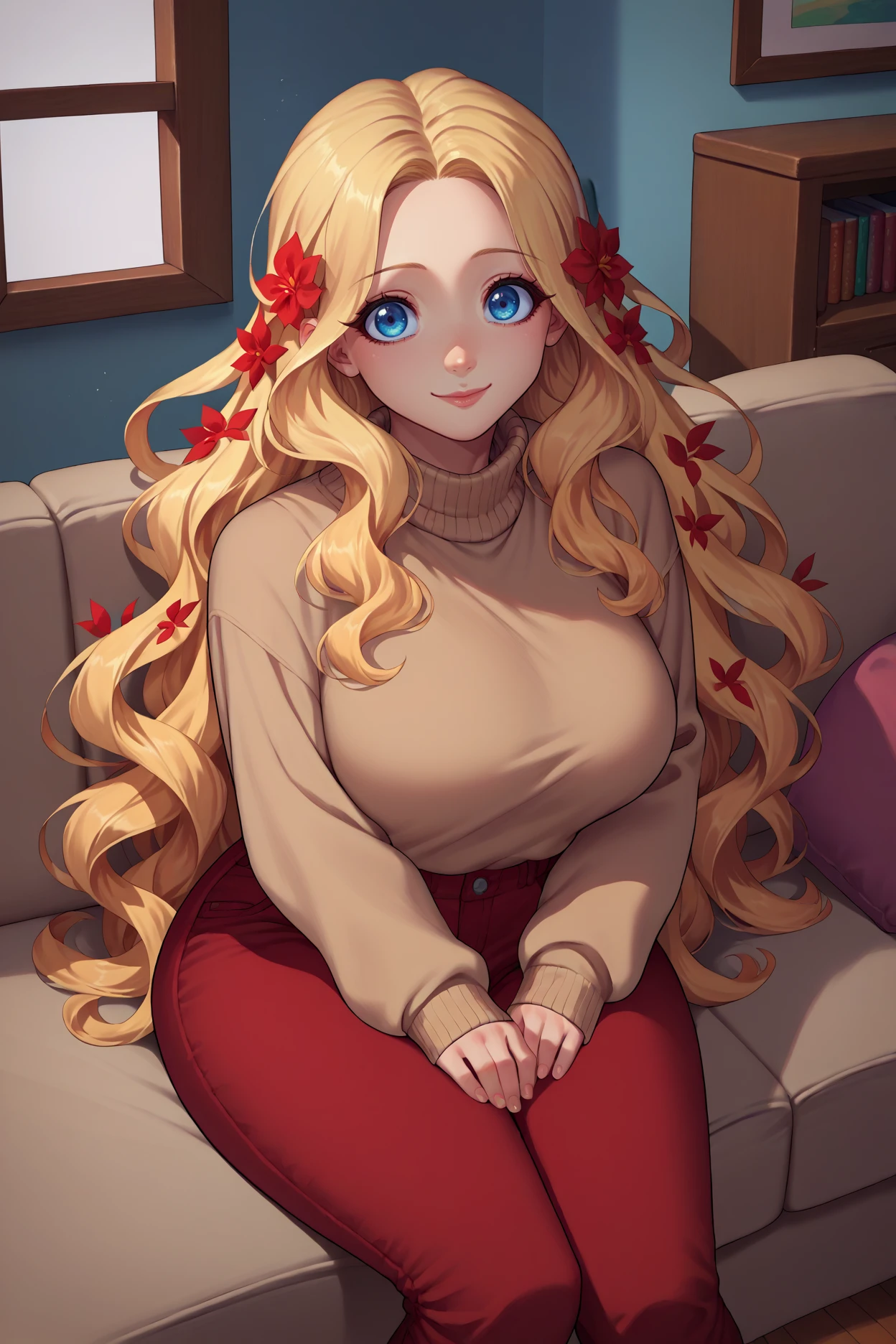 score_9, score_8_up, score_7_up, score_6_up, source_anime, 1girl, solo, <lora:snveve-pdxl-nvwls-v1-000005:1> snveve, blonde hair, wavy hair, long hair, hair flower, blue eyes, large breasts, beige sweater, red pants, looking at you, sitting, couch, happy, indoors