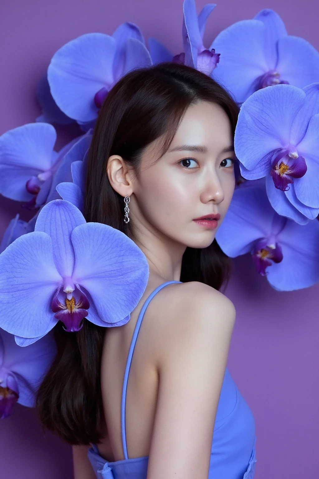 The image showcases a young asian woman. She is positioned against a purple background, which is filled with largeblue orchids. The flowers dominate the composition, adding a dramatic and intense contrast to her skin tone and overall appearance.
The woman is dressed in sleeveless dress, which drapes softly over her shoulders, leaving her upper back and one shoulder exposed. Her expression is calm and slightly mysterious, with her gaze directed slightly to the side, away from the camera. The large flowers, some of which overlap with her figure, create a dreamy and surreal atmosphere, as if she is blending into or emerging from the floral background., <lora:flux_realism_lora:1>, ,<lora:makinaflux_yoona_v1.0:1>