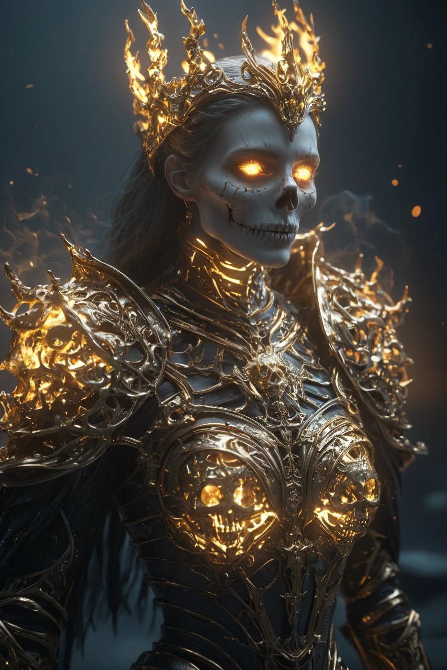 A close-up of an female fire and ghostly skeleton queen wearing intricate golden armor, with glowing eyes surrounded by translucent skeletons floating in the dark fire ocean, standing inside a skeleton dungeon, crypt. Rendered in the style of Unreal Engine, with a cinematic, hyper-realistic style.