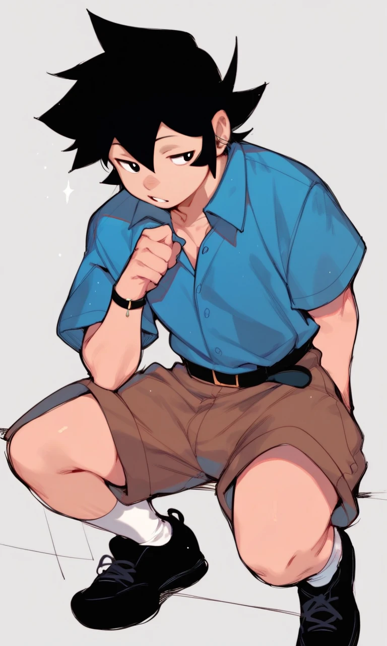  score_9, score_8_up, score_7_up, Jay Gigashima, black hair, peach skin, collared shirt, blue shirt, black belt, brown shorts, black shoes, 1boy, solo, solo focus, white socks