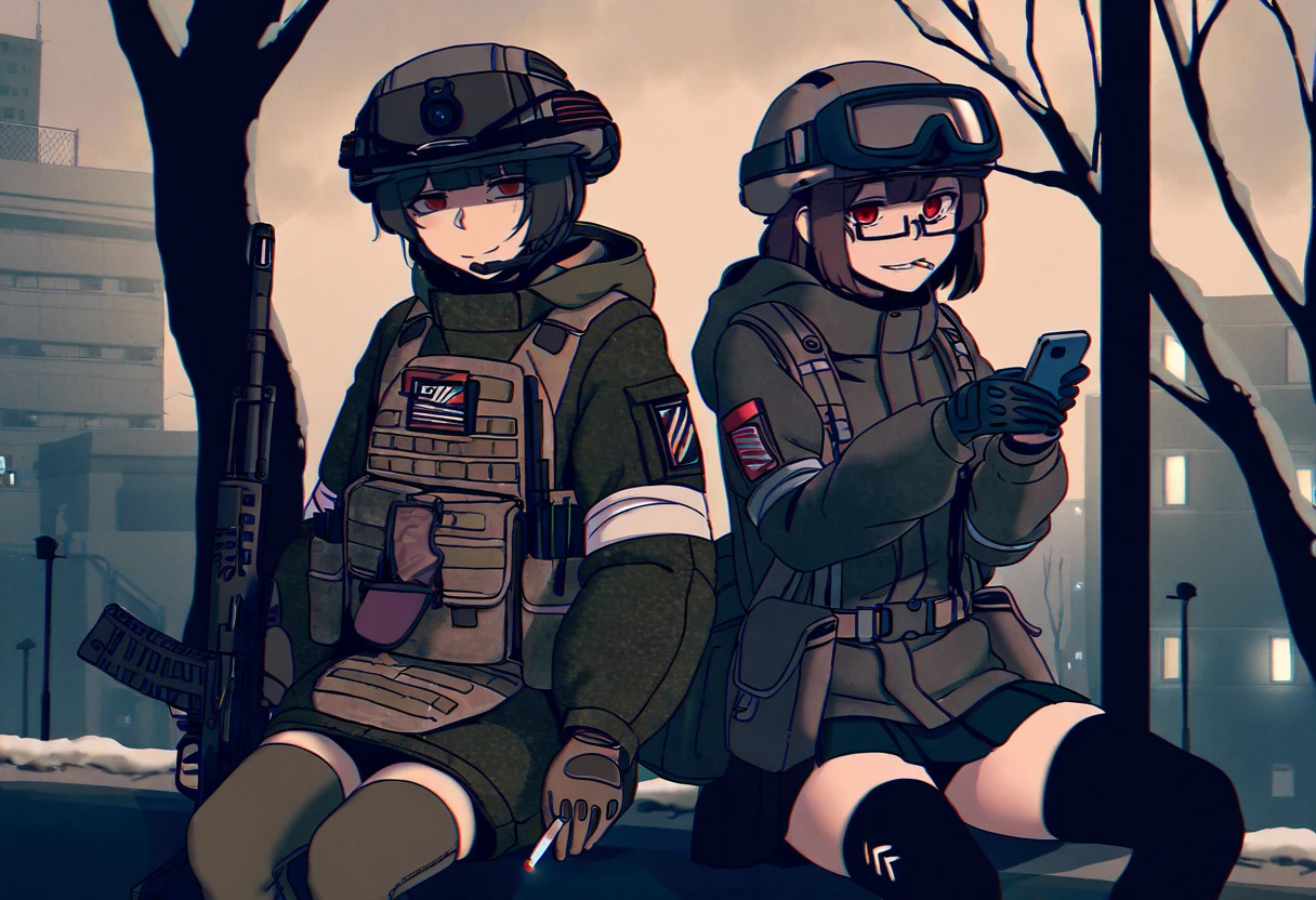 multiple girls, 2girls, b1-517, looking at viewer, smile, short hair, skirt, brown hair, long sleeves, gloves, red eyes, thighhighs, holding, sitting, jacket, weapon, glasses, holding weapon, bag, uniform, gun, zettai ryouiki, military, military uniform, phone, backpack, cellphone, helmet, holding gun, smartphone, semi-rimless eyewear, rifle, holding phone, brown gloves, pouch, cigarette, green jacket, under-rim eyewear, smoking, assault rifle, dark, camouflage, holding cigarette, soldier, patch, tactical clothes, camouflage jacket, battle rifle, tree, night, building, bare tree, film grain, photo background, masterpiece, best quality, newest, absurdres, highres,