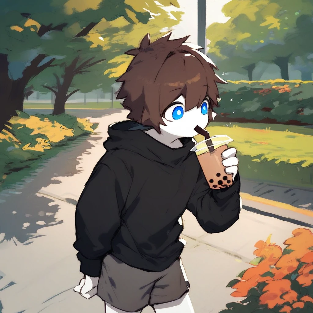 score_9_up, score_8_up, score_7_up, mikus-sona, blue eyes, brown hair, white skin, black boxers, park, holding, bubble tea, black sweater, gray shorts, 1boy, solo