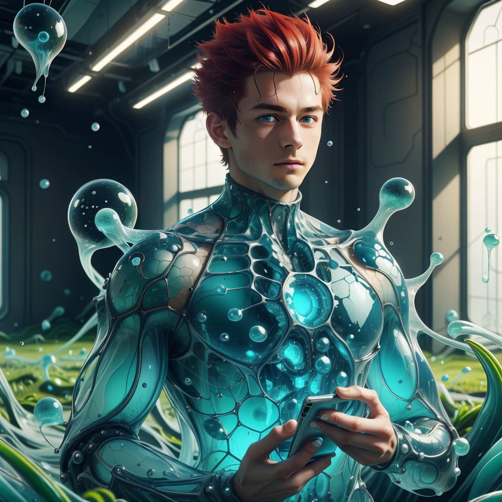 <lora:Navi_SlimeTech_L:1>  nv_slimetech ,scifi, translucent, tendrils, melting ,
1boy,man , holding,upper body, red hair, grassy fields , short hair, turtleneck suite , coat , holding a tablet , indoors, red eyes,