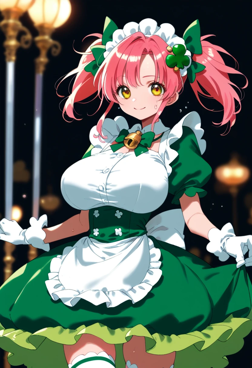 score_9, score_8_up, score_7_up, score_6_up,  <lora:hindenburg2:0.8>,anime_lineart
1girl, solo,
<lora:amulet_clover:1> amulet_clover, gloves, dress, twintails, medium hair, pink hair, hair ornament, lock button, yellow eyes, bow, short sleeves, puffy sleeves, puffy short sleeves, green dress, white gloves, maid, apron, magical girl, bangs, clover (shape), thighhighs
,huge breasts, aged up, 
sweat,  shiny skin, smile