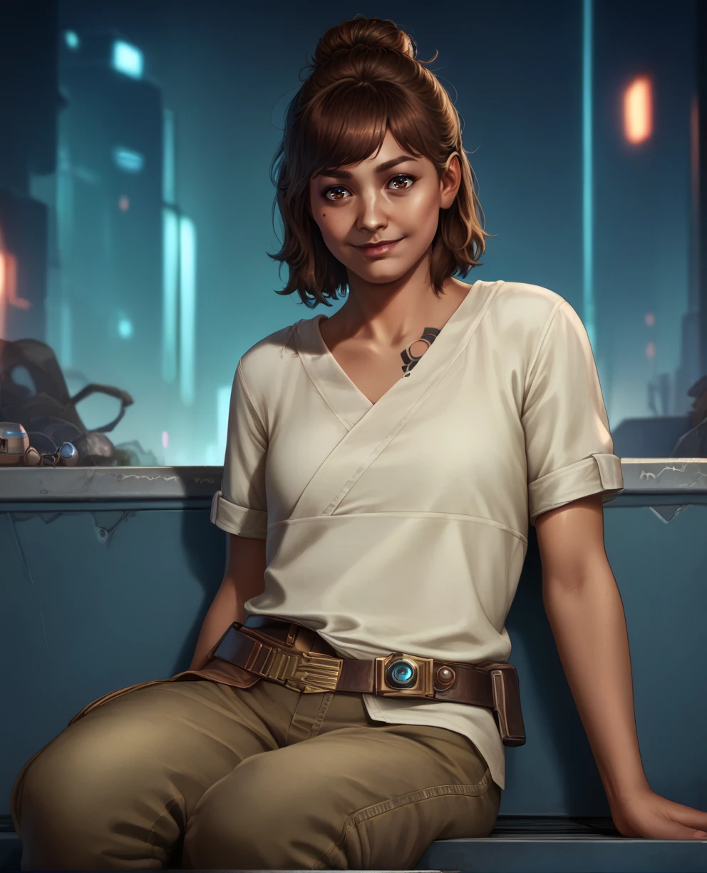 score_9,score_8_up,
kayxl,brown hair,brown eyes,bangs,medium hair,hairbun,
belt,pants,light smile, white shirt,  short sleeves,  
solo,
sitting,   
slums, night,  
science fiction,
<lora:KaySWOxl-125TH:0.9>,