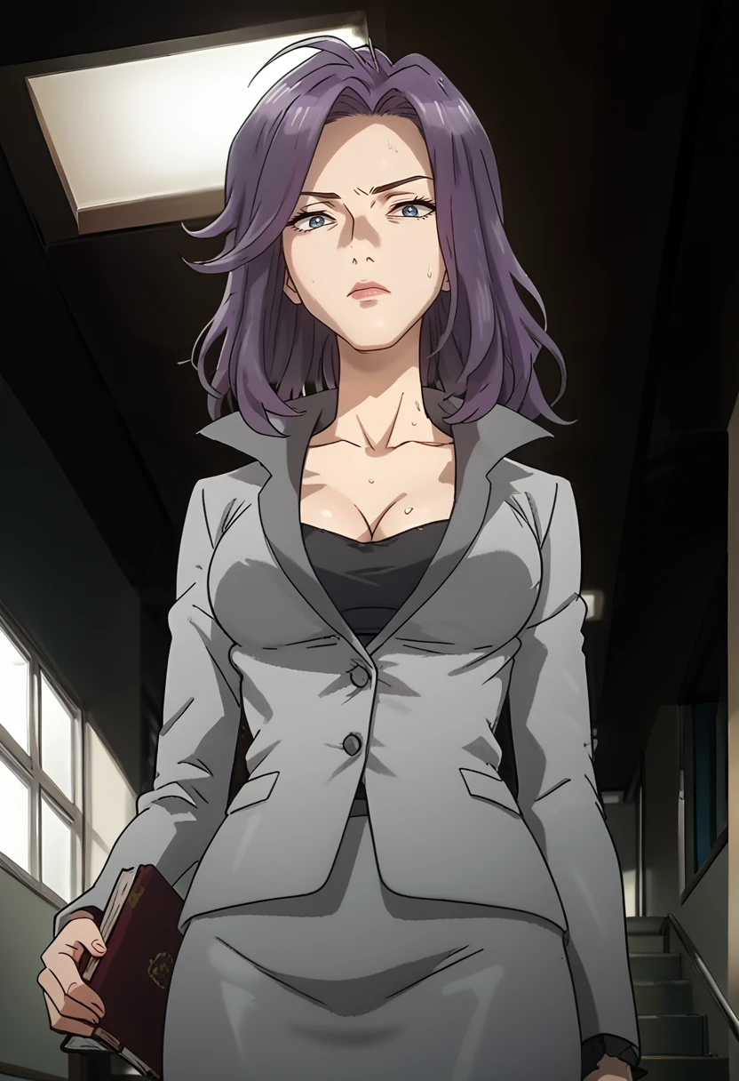 score_9, score_8_up, score_7_up, score_6_up, score_5_up, 1girl, <lora:Tamiya_Ryoko_-_Parasyte:0.9> Tamiya Ryoko, blue eyes, purple hair, medium hair, swept bangs, small iris, grey jacket, black shirt, grey skirt, pencil skirt, formal, suit, office lady, messy hair, slim legs, slim body, sexy, female focus, fantasy, expressive, sweat, skindentation, masterpiece, 32K HD, beautiful attention to detail, detailed eyes, shiny skin, showing lots of skin, wide lens, perfect hands, perfect eyes, 2d, anime, source_anime, anime screencap, hentai, source_hentai, flat shadows, anime coloring, flat colors, looking at viewer, zPDXL2, zPDXLxxx, mature content, nsfw, rating explicit, angry, closed mouth, clothed female, cleavage, uncensored, indoors, school, upper body, holding, holding book, from below, upskirt, pantyshot, white panties, stairs, on stairs
