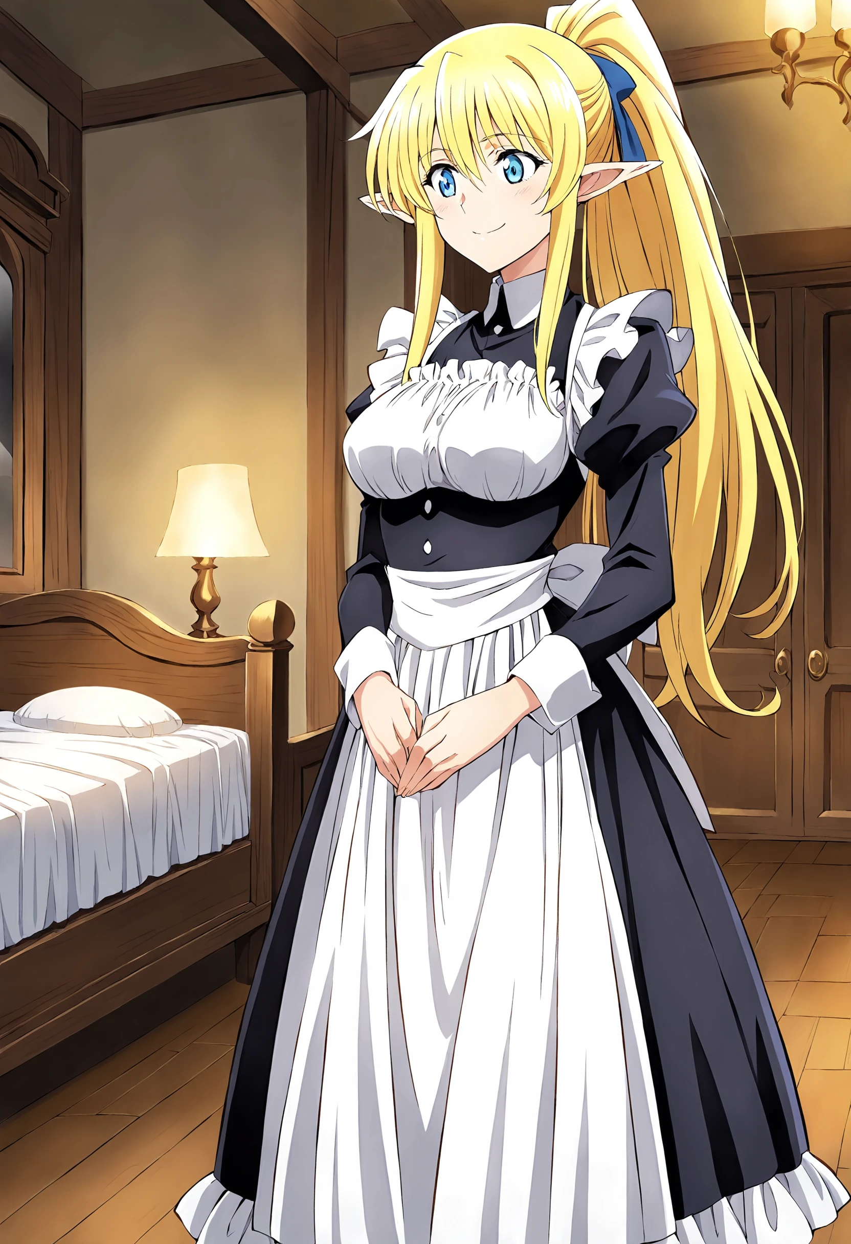 The luxurious and high-class Victorian maid outfit is evenly decorated with gorgeous gold embroidery and edging, and the blouse, apron, and headband also have gorgeous gold embroidery and edging.、((Highest quality)), ((masterpiece)), (detailed), （Perfect Face）、The woman is Tierre, with green eyes, medium-long blonde hair, a Victorian maid outfit and maid headband, jeweled earrings, and an engagement ring.、The woman is smiling fondly in a luxurious room、The Victorian maid uniform is a calm, old-fashioned type with long sleeves and a long skirt, decorated with luxurious gold embroidery and edging.、The woman holds her baby daughter in her arms