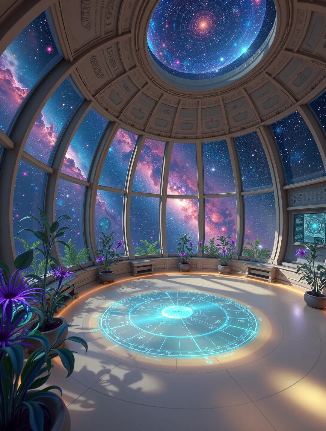 Astral observatory floating in space, with massive windows revealing nebulae and distant stars outside. The floor glows with soft light, and holographic star charts float around the room. Strange alien plants line the walls, softly glowing in turquoise and lavender hues.

