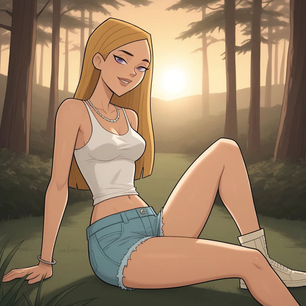 score_9, score_8, BREAK, solo, white tanktop, navel, denim shorts, bracelets, necklace, lips, Purple eyes, blonde hair, beige footwear, breasts, total drama, Julia_(Total_Drama), sexy pose, smile, outdoors, sunlight, shadows, evening lighting, natural lighting, forest, trees, grass, orange sky, sunset