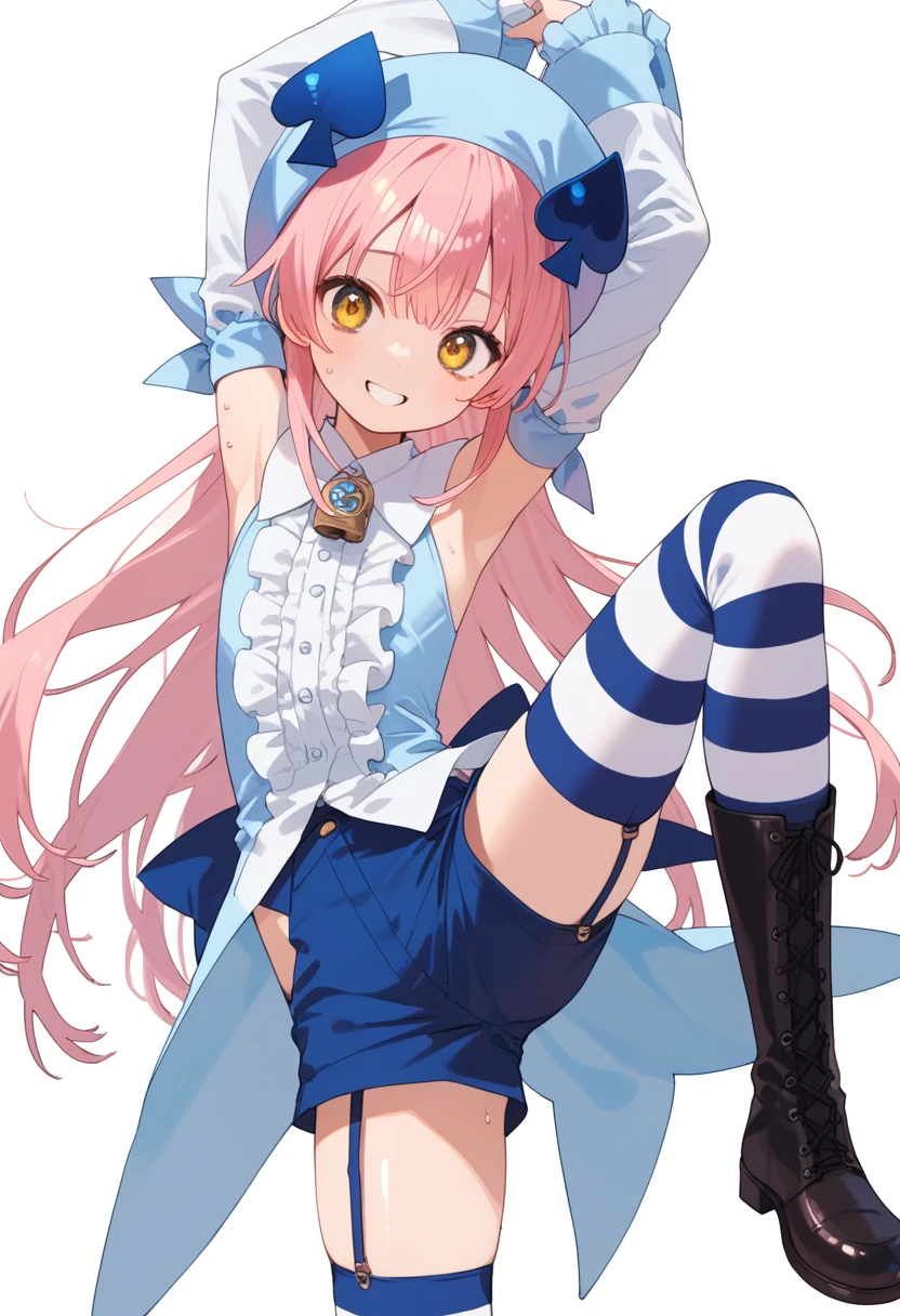 score_9, score_8_up, score_7_up, score_6_up, anime_lineart
1girl, solo,
<lora:amulet_spade:1> amulet_spade, hat, pink hair, detached sleeves, striped, yellow eyes, lock button, striped thighhighs, shorts, frills, garter straps, spade (shape), boots:0.9
sweat,  shiny skin,  smile, stretching, standing on one leg, leg_lift, folded, on leg up