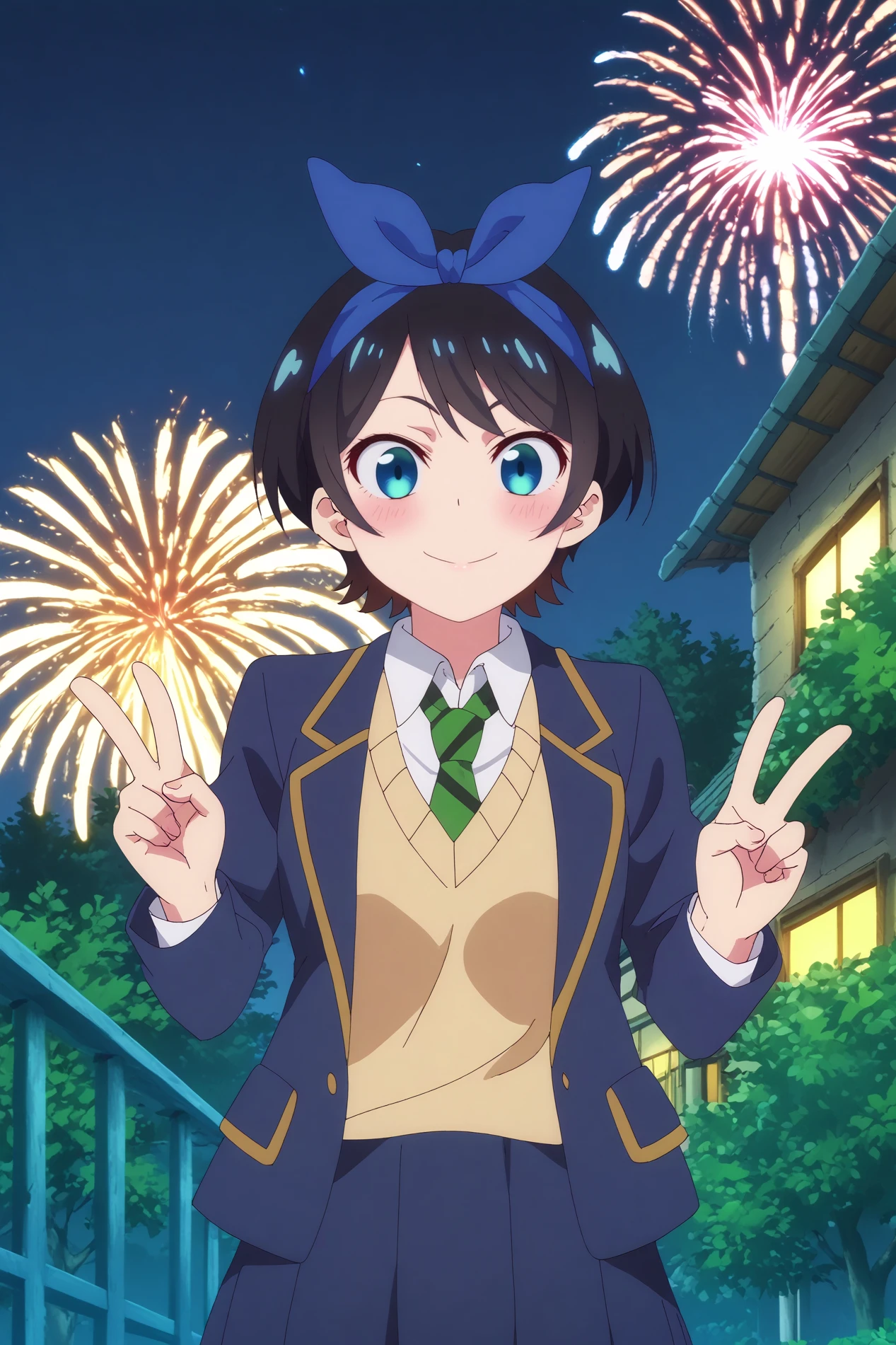 ruka sarashina,1girl,solo,smile,short hair,sweater,skirt,blush,blue hairband,bangs,hairband,school uniform,jacket,collared shirt,necktie,stripped necktie,shirt, long sleeves,blazer, sweater vest,peace sign,happy
BREAK
outdoors,night time,end of the day,fireworks,aerial_fireworks,cityscape,city,building in background


<lora:Ruka_Sarashina_-_Rent-A-Girlfriend.safetensors:0.8>
<lora:detailed_backgrounds_v2.safetensors:0.7>