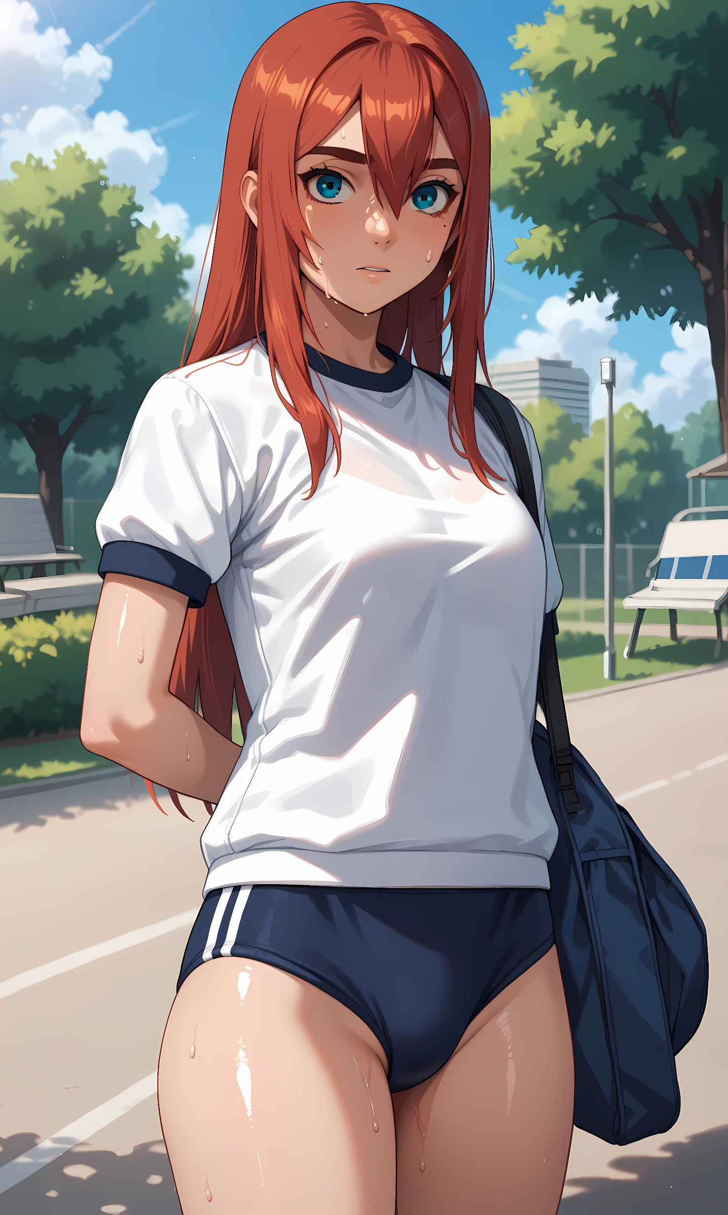 score_9, score_8_up, score_7_up, source_anime, 1girl, solo, outdoors, park, cowboy shot, standing, looking at viewer, shiny skin, amaru, blue eyes, red hair, long hair, hair between eyes, mole, mole under eye, white shirt, short sleeves, gym uniform, buruma, sweat