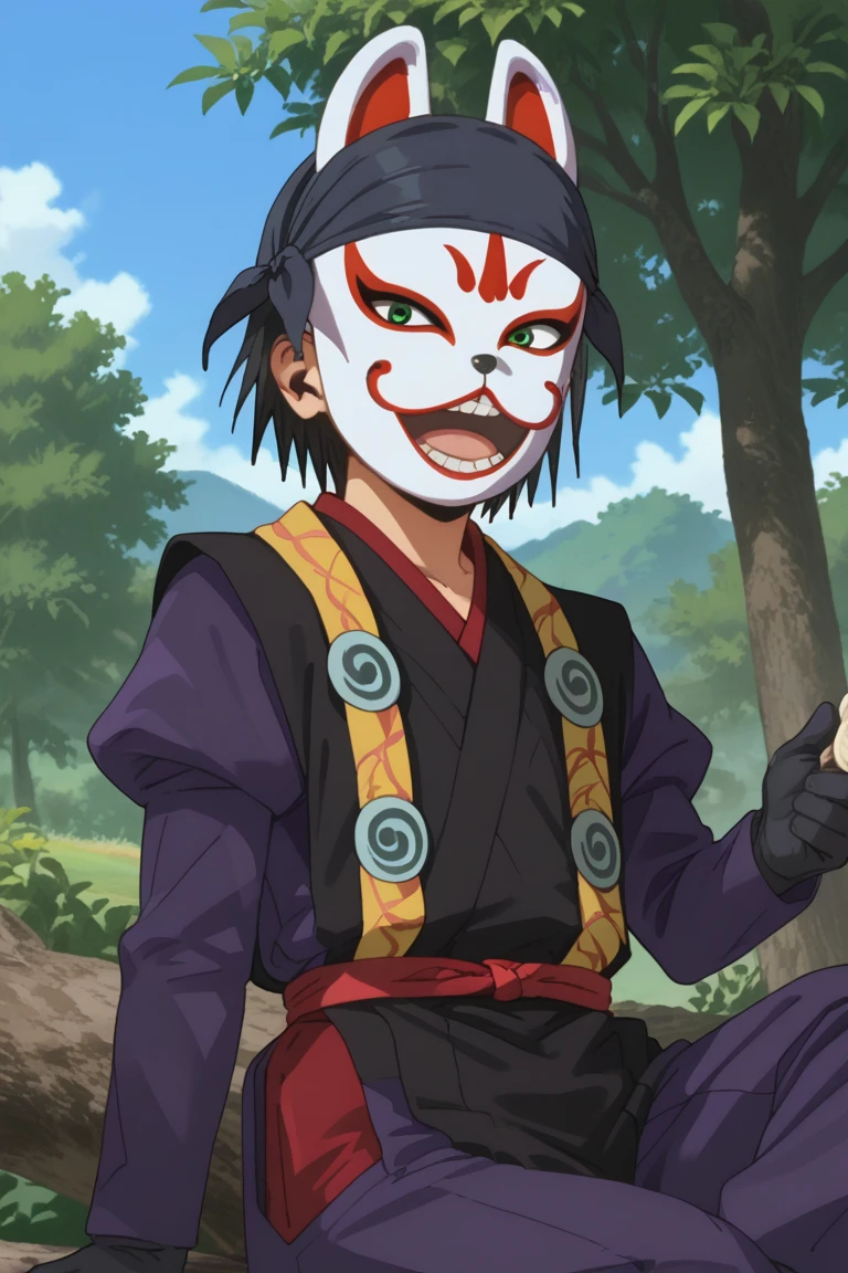 score_9, score_8_up, score_7_up, score_6_up, kazama genba, black hair, fox mask, japanese clothes, ninja, sash, purple pants, juliet sleeves, purple shirt, bandana, official style, 1boy, male focus, mask, tree, solo, outdoors, day, sitting, open mouth, green eyes, teeth, sky, smile, gloves, holding, long sleeves, pants, short hair, looking at viewer