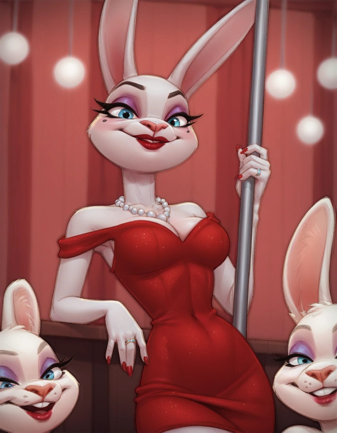 score_9, score_8_up, score_7_up, score_6_up, score_5_up, score_4_up, solo
Rabbit_Liars_Bar, gray fur, blue eyes, beads, makeup, white birthmark, red dress,  party, pole dancing
 <lora:Rabbit_Liars_Bar_XL:1>