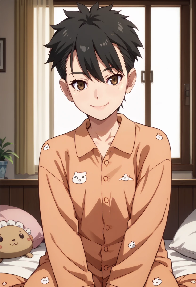 score_9, score_8_up,
1girl, <lora:ReikaMayoko_OffSeason_PDXL:0.9>, reikamayoko, mole under eye, brown eyes, short hair, black hair,
pajamas,
slight smile,
indoors