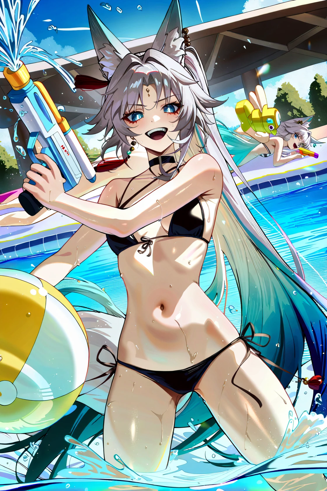 8k, masterpiece, best quality, amazing quality, very aesthetic, absurdres, (ultra-detailed), (high detailed skin),
(wanke), (pigeon666), (rei_(sanbonzakura)), konya_karasue,
pool, the girl on vacation, dynamic lens, beautiful sunshine, a girl playing with water, splash of water, cheerful, zi water gun, water fight, water spray, laughing, bikini,
<lora:feixiao-noob-Tanger-000007:0.7>, feixiao, bare shoulders, 1girl, animal ears, long hair, multicolored hair, blue eyes, very long hair, gradient hair, fox tail, silver hair,
