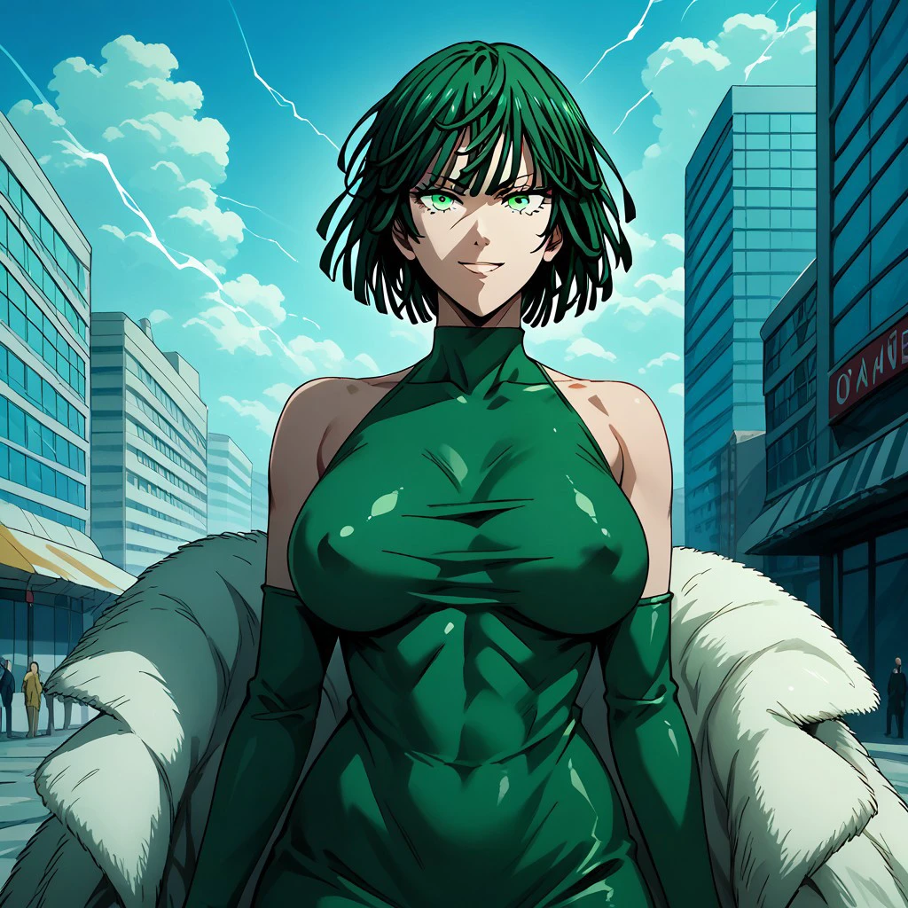 score_9,score_8_up,score_7_up,score_anime,score_manga,score_hentai,zPDXL2,<lora:Expressive_H:0.6>,expressiveh, 1girl,mature female,short hair,green hair,fubuki \(one-punch man\),<lora:One_Punch_Man:1>,covered nipples, green latex dress, smirk, cinematic lightning, city background