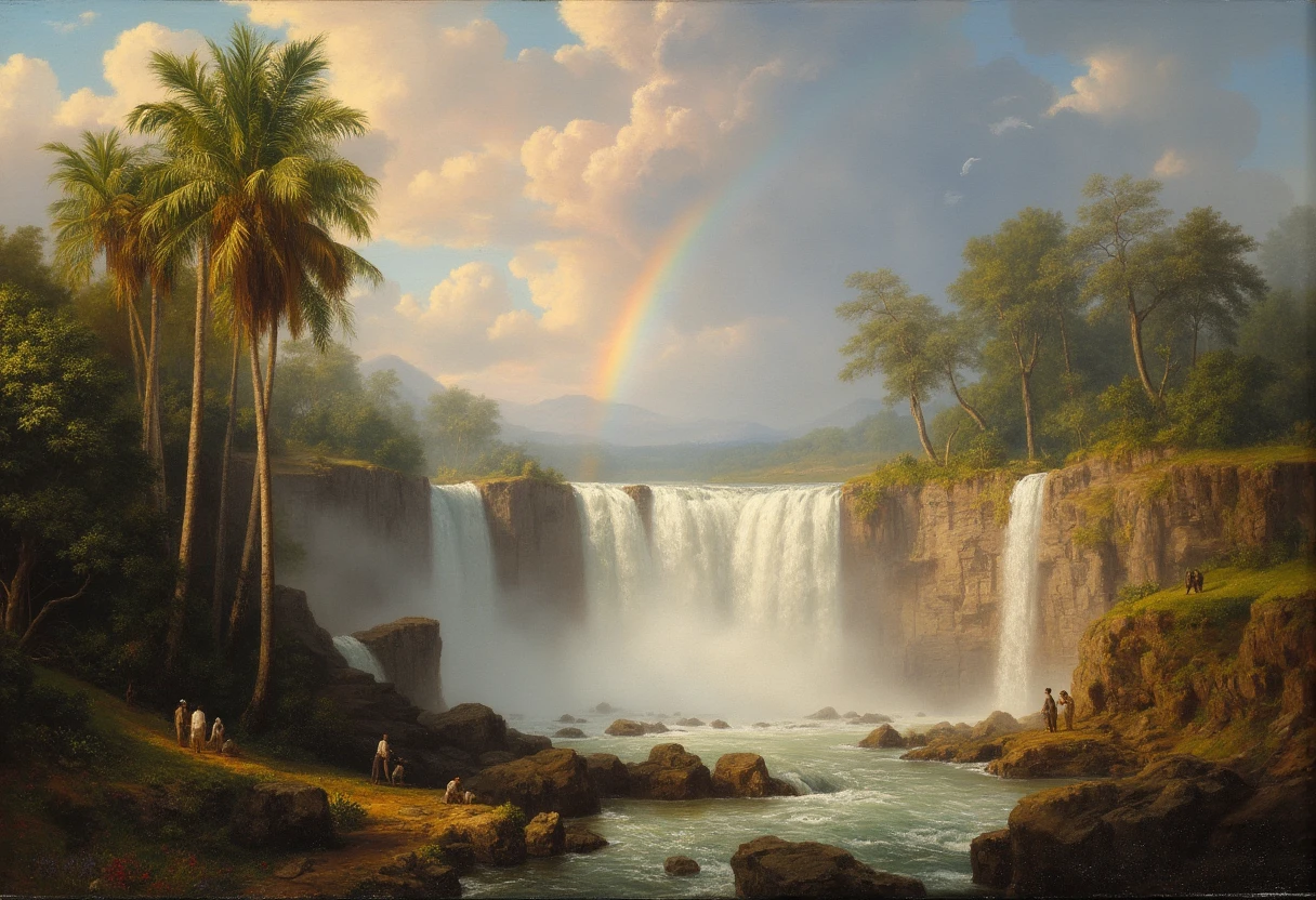 a traditional oil painting in the hudson river school art style of a waterfall with a rainbow in the sky and palm trees in the foreground, by Frederic Edwin Church

hrscontrast landscape