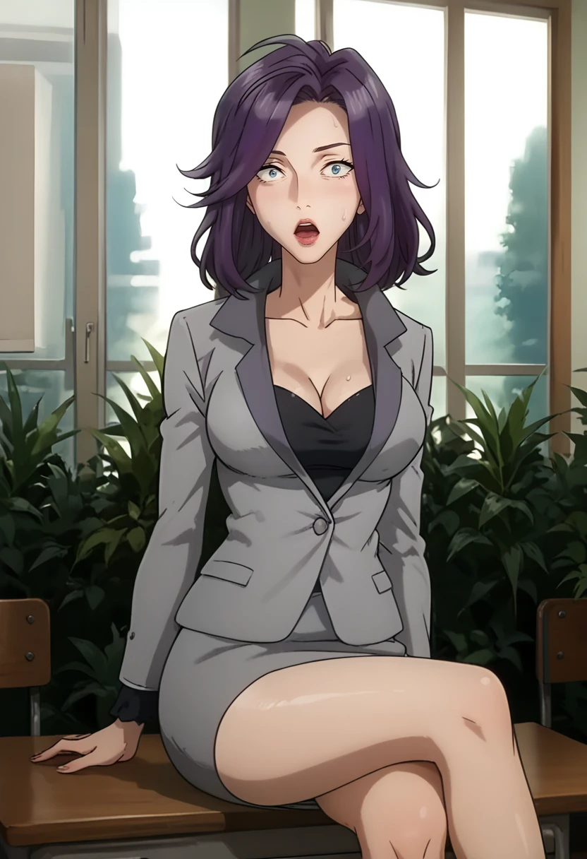 score_9, score_8_up, score_7_up, score_6_up, score_5_up, 1girl, <lora:Tamiya_Ryoko_-_Parasyte:0.9> Tamiya Ryoko, blue eyes, purple hair, medium hair, swept bangs, small iris, grey jacket, black shirt, grey skirt, pencil skirt, formal, suit, office lady, messy hair, slim legs, slim body, sexy, female focus, fantasy, expressive, sweat, skindentation, masterpiece, 32K HD, beautiful attention to detail, detailed eyes, shiny skin, showing lots of skin, wide lens, perfect hands, perfect eyes, 2d, anime, source_anime, anime screencap, hentai, source_hentai, flat shadows, anime coloring, flat colors, looking at viewer, zPDXL2, zPDXLxxx, mature content, nsfw, rating explicit, surprised, blush, open mouth, clothed female, cleavage, uncensored, indoors, school, sitting, table, arms on table, holding, holding book, legs, thighs