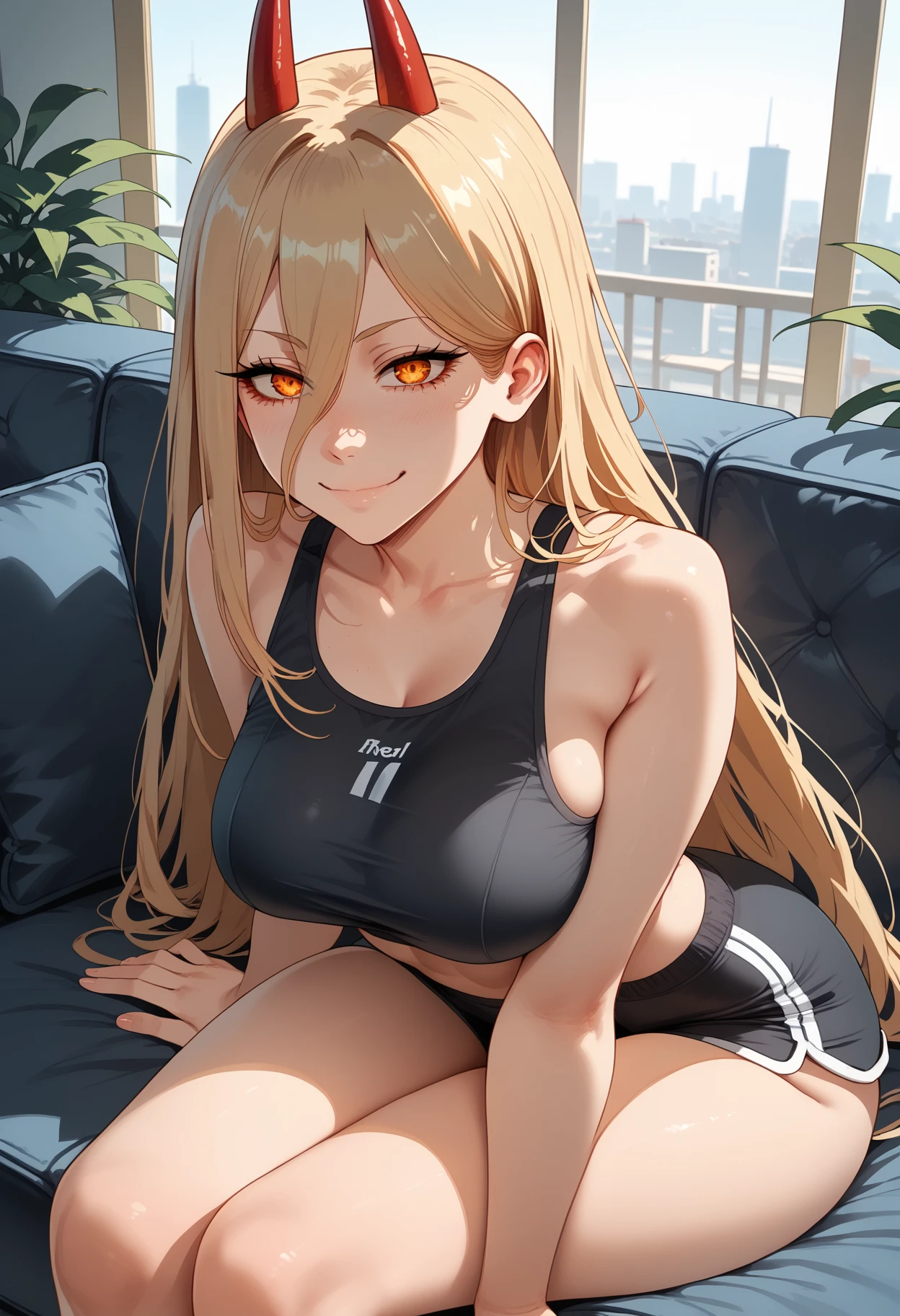 score_9, score_8_up, score_7_up,  1girl, power (chainsaw man), blonde hair, red horns, yellow eyes, happy, smile, closed mouth, large breasts, black sports bra, sports shorts, lie down, sit, rest your arms, rest your legs, open your legs, ass, couch, indoors, from above, dutch angle, close up,